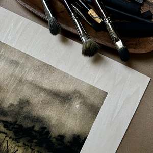 Closeup view of an unframed piece from Linsey Gray's "In Dreams" series, charcoal and soft pastels on unfinished birch with wide margins exposing untouched wood.