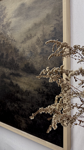 Closeup of "In the Valley", a 24" x 36" original charcoal and soft pastel on wood artwork from Linsey Gray's Spring 2025 collection featuring a moody view across a foggy mountain valley, rich layers of blacks, greens, and rust hues creating alluring depth.