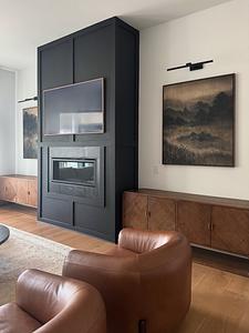 Commissioned charcoal and soft pastel diptych by Linsey Gray installed in the client's home, each 40" x 48" piece displayed on either side of their living room fireplace.